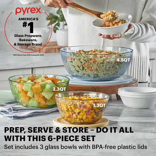 Pyrex Colors Mixing Bowls with text Pyrex Americas #1 Glass Prep & bakeware & storage brand