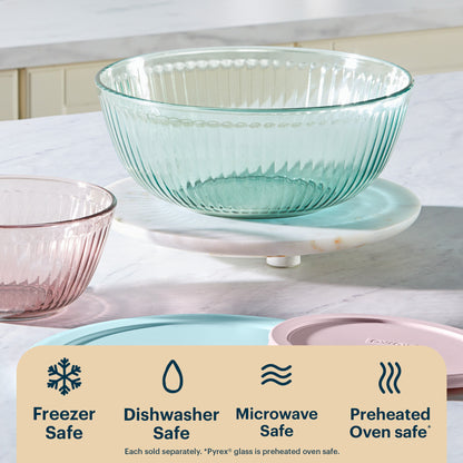 Green glass bowl on a white surface with safety icons and text.