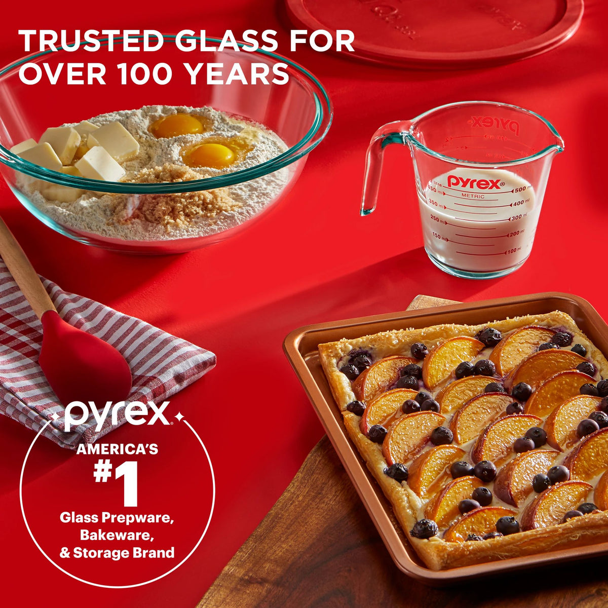 Smart Essentials 3-piece Glass Prep Set on table with food &amp; text trusted glass for over 100 years