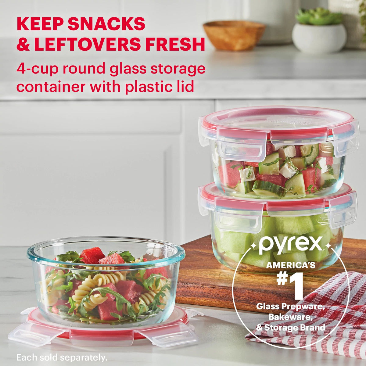 Freshlock 4-cup Round Glass Storage (displays three 4cup containers) with text keeps snacks &amp; leftovers fresh